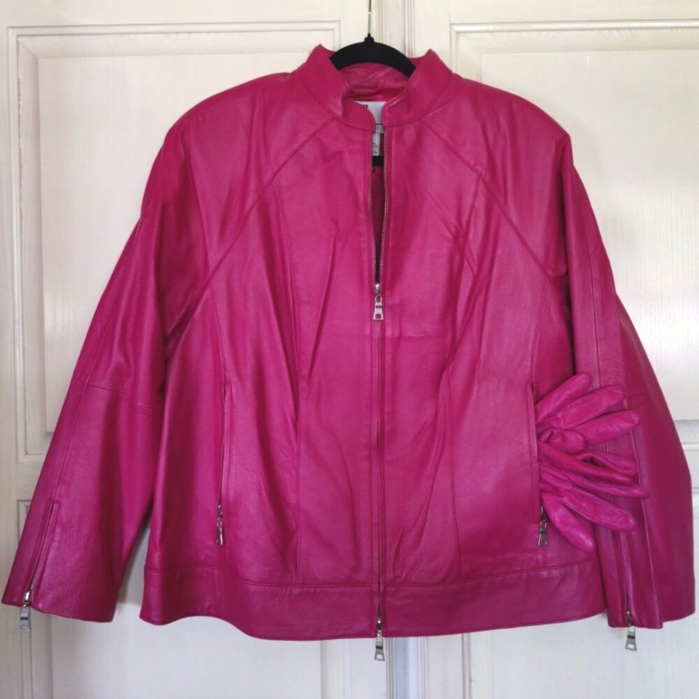 JL Studio Vintage Leather Moto Jacket in Hot Pink w/Matching Gloves, Sz 14W, EUC